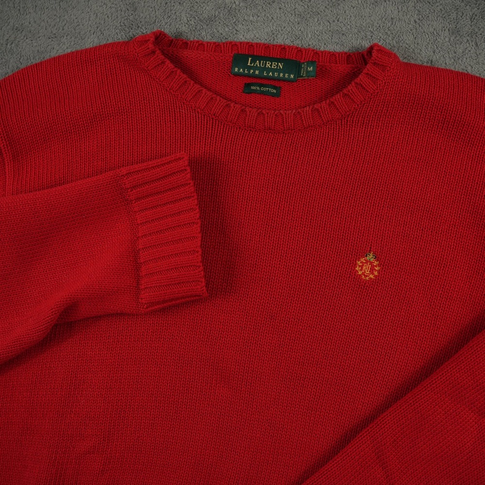 Lauren Ralph Lauren Knit Sweater Mens M Crewneck Embroidered Crest Red‎ Cotton